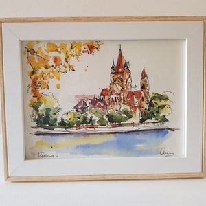 Kerk van St. Franciscus van Assisi, Wenen, Oostenrijk / ORIGINELE aquarel, schilderij, tekening, illustratie, decoratie, kunst