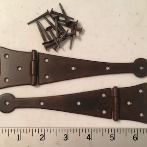 17th-19th Century Antique Reproduction Large Half-Strap Hinges, Trunk Chest Box Hardware with Forged head Iron Nails
