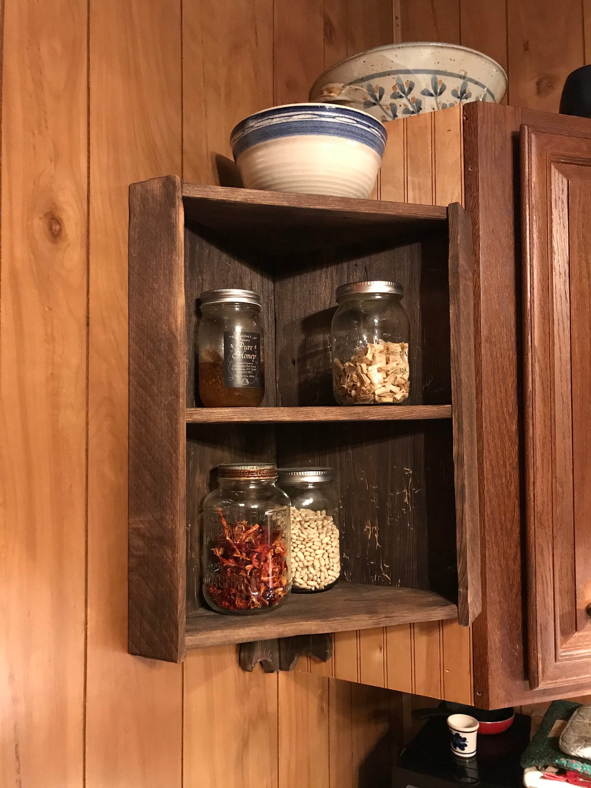 Primitive corner wall shelf cabinet made of reclaimed barn wood