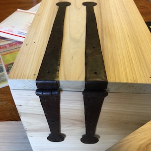 Antique reproduction 16th-18th C. Folded Outside Mount (cranked) heavy gauge long strap Hinges