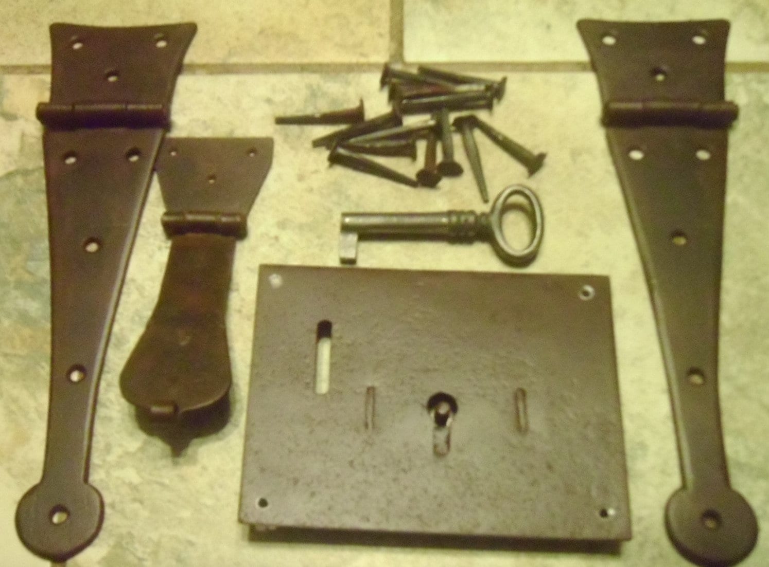 18th century Antique Reproduction Trunk Chest Box Hasp Lock Hardware Half Strap Hinges