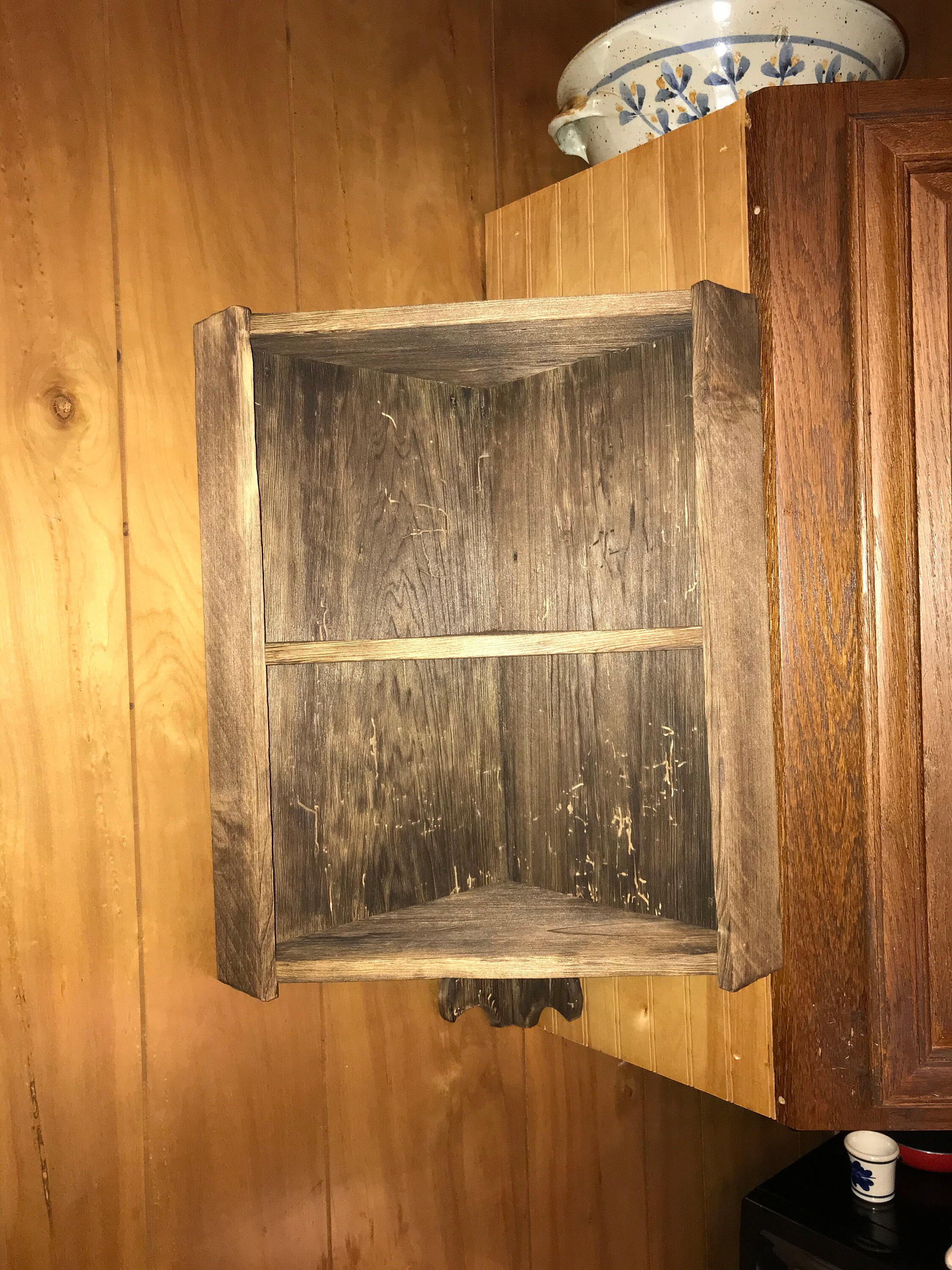 Primitive corner wall shelf made of reclaimed barn wood