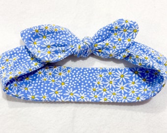 Baby Tie-On Bow Headband Blue Floral Daisies, Stretchy Baby Headband blue flowers