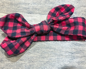 Baby Christmas Bow Headband, Red and Black Buffalo Plaid, Holiday Toddler Headband