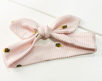 Baby Toddler Tie-On Bow Pink Bees, Spring Baby Headband, Summer Baby Shower Gift, Newborn Baby Girl Outfit
