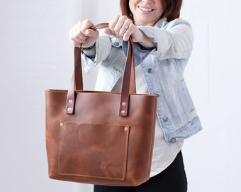 Small Leather Tote Bag, Leather Anniversary Gift for Women, Zipper Outside Pocket Totes, Leather Purse Gifts for Her, Mothers Day Gift Ideas