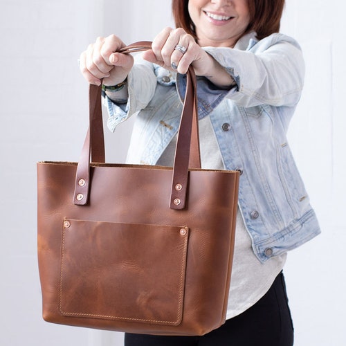 Leather Tote Bag W Zipper Outside Pocket Personalized Totes Etsy