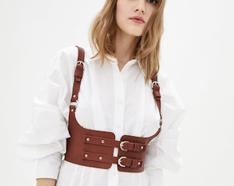 Pushup Corset Belt Underbust with adjustable suspenders Genuine Leather Corset top