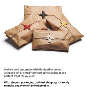 May include: Several packages wrapped in brown paper, tied with twine, and secured with decorative cross-shaped clasps in red, black, silver, and yellow. The packages are arranged on a white background.