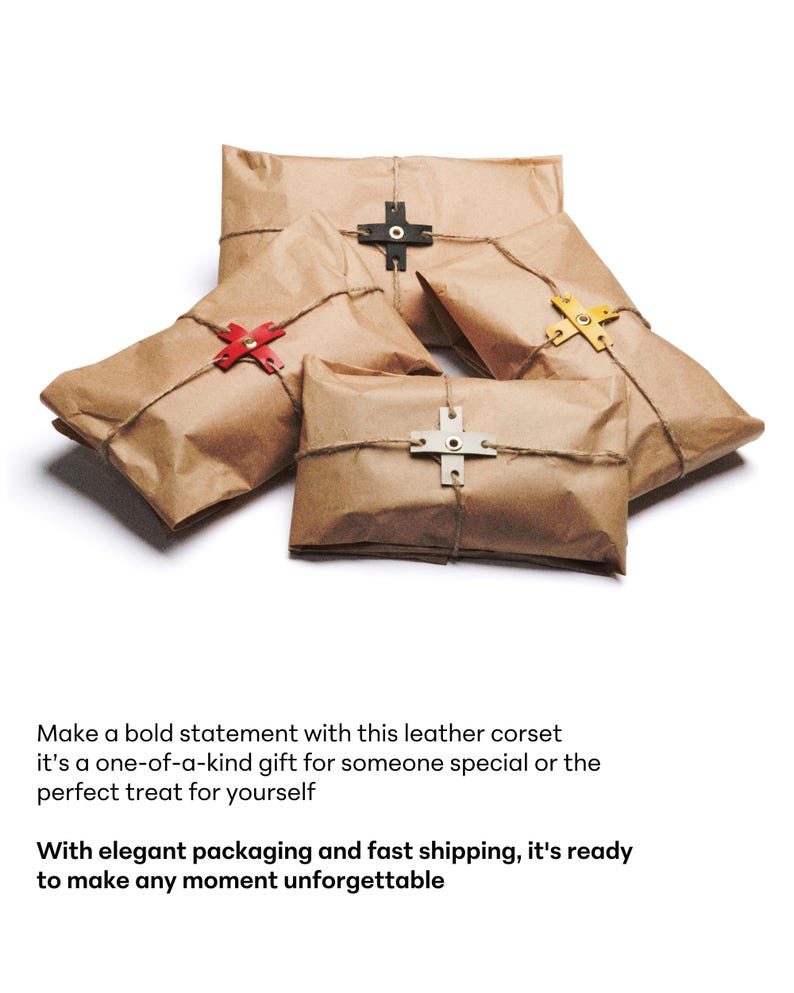 May include: Several packages wrapped in brown paper, tied with twine, and secured with decorative cross-shaped clasps in red, black, silver, and yellow. The packages are arranged on a white background.