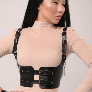 May include: A black leather harness with silver buckles and studs. The harness has two straps that go over the shoulders and a wide band that goes around the waist.