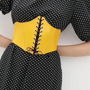 Corset Belt Underbust Waist Cincher Belt Genuine Leather Handcrafted front lacing Yellow
