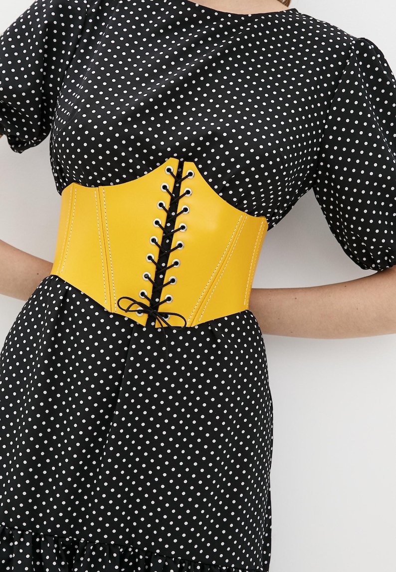 Corset Belt Underbust Waist Cincher Belt Genuine Leather Handcrafted front lacing Yellow