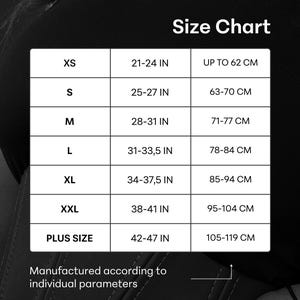 May include: A size chart with measurements in inches and centimeters. Sizes range from XS to Plus Size, with corresponding waist measurements. The chart includes the text "Manufactured according to individual parameters."