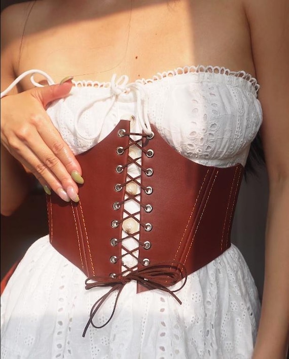 Corset Belt Underbust Waist Cincher Belt Genuine Leather Handcrafted front lacing