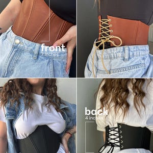 May include: A brown and a black corset, with a front width of 7 inches and a back width of 4 inches. The brown corset has a lace-up back and the black corset has a lace-up back. Both corsets are worn over clothing.