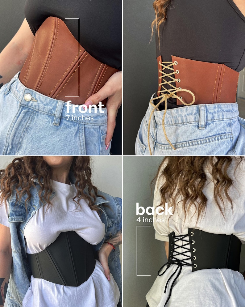 May include: A brown and a black corset, with a front width of 7 inches and a back width of 4 inches. The brown corset has a lace-up back and the black corset has a lace-up back. Both corsets are worn over clothing.