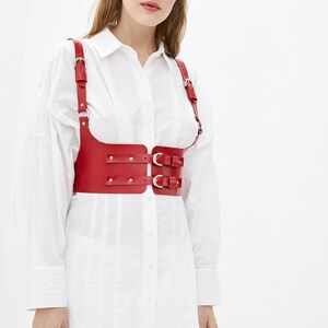 K&ouml;nnte beinhalten: Ein rotes Ledergeschirr mit verstellbaren Riemen und silbernen Schnallen. Das Geschirr hat ein breites Band, das um die Taille geht, und zwei Riemen, die &uuml;ber die Schultern gehen.