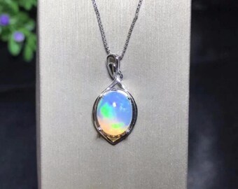 Colorful Ethiopian Opal 7x9mm See Video Natural Opal Flower Necklace Pretty 925 Sterling Silver 8 CZ Flower Heart Halo Necklace
