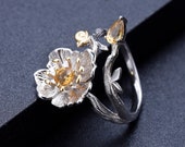 Natural Citrine Gemstone Flower Ring, 925 Sterling Silver Snail Ring, Vintage Handmade Blooming Poppy Ring, Flower Adjustable Ring For Women