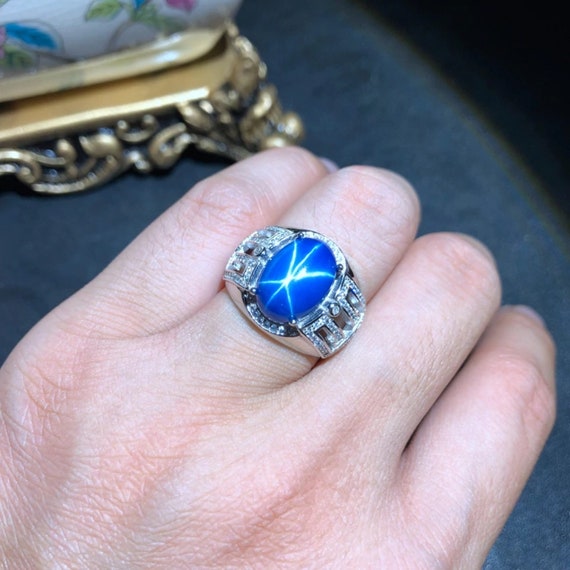 Buy Vintage Blue Star Sapphire Ring 14k White Gold Ring Diamond Ring Gift  for Women Online in India - Etsy