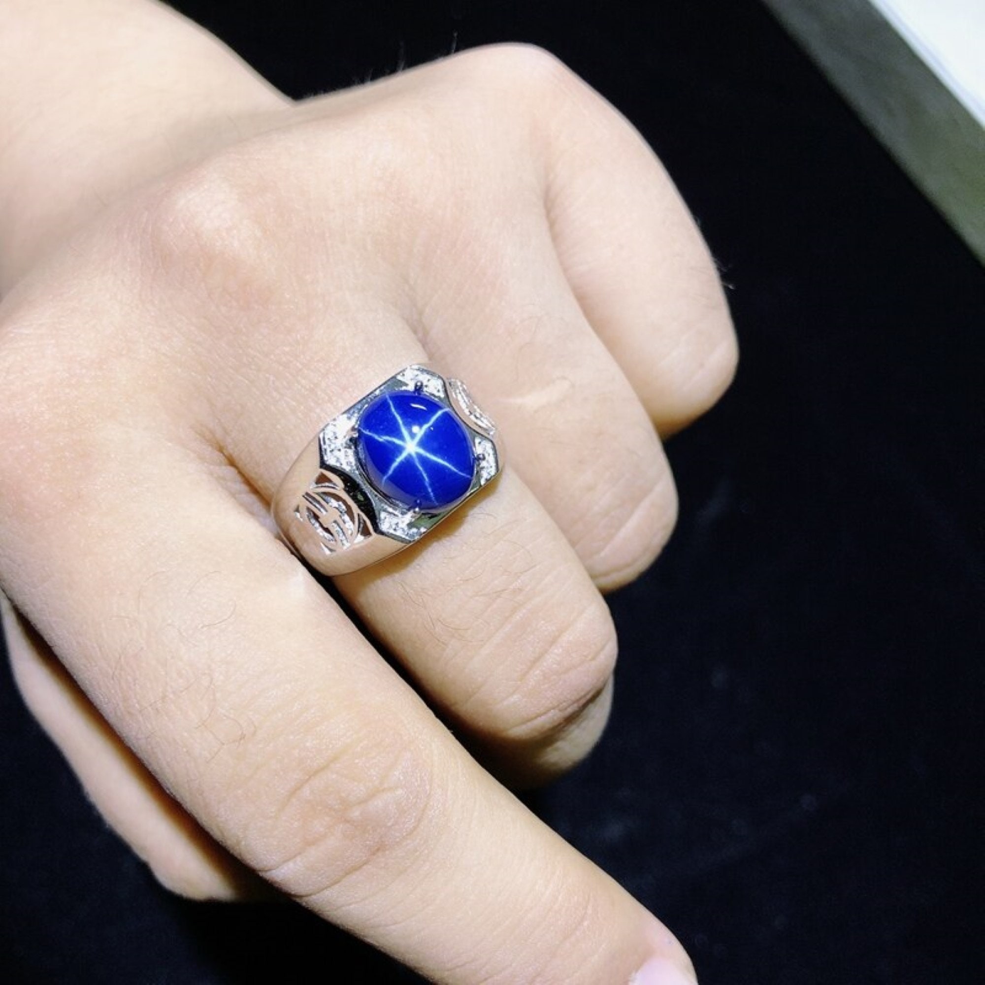 Natural Blue Star Sapphire Engagement Rings for Men 10x12mm