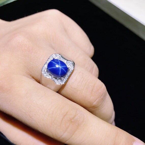 Blue Star Sapphire Vintage Ring 14K White Gold, Lab 4.0 Carats - Ruby Lane