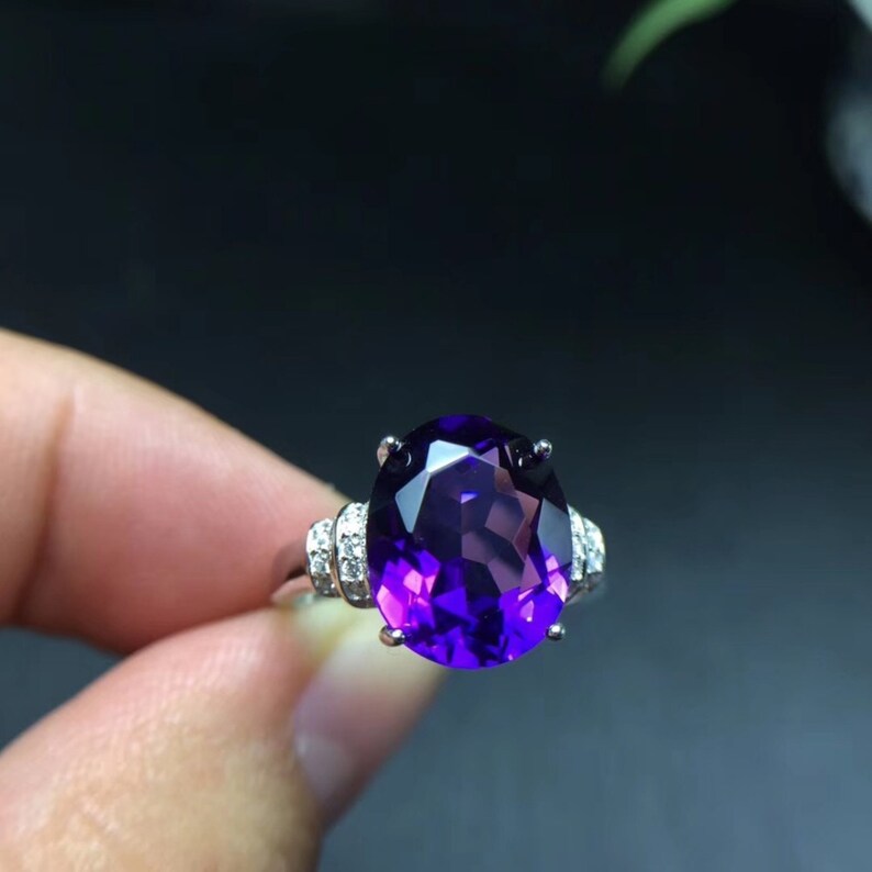Oval Natural Amethyst with CZ, Rhodium over Sterling Silver Ring For Sale at 1st
