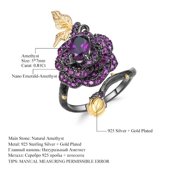 Details about / Authentic Natural Round Amethyst Flower Ring Women Jewelry Gift Rose Gold Plated