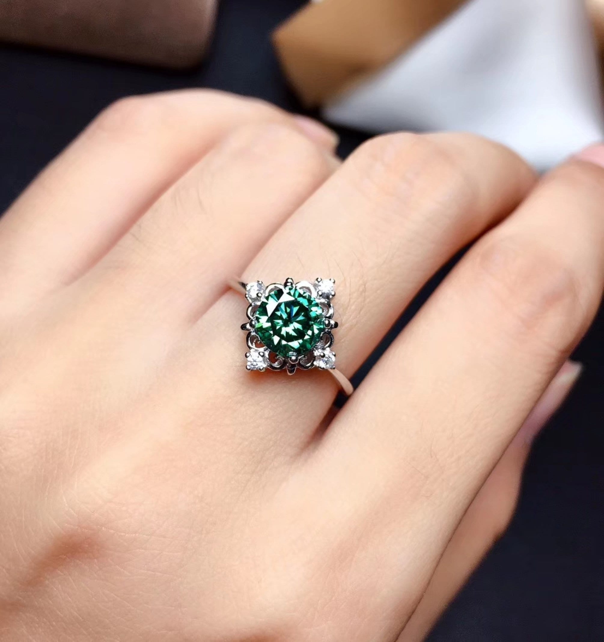 Green Moissanite Engagement Ring for Women Round Diamond Cut Etsy