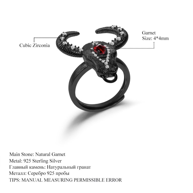 Halloween Skeleton Birthstone Ring 925 Sterling Silver Black Ring Dainty Garnet Gothic Punk Ring Bull Skull Adjustable Rings For Women