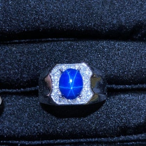 Natural Blue Star Sapphire Engagement Rings for Men 8x10mm Gemstones ...