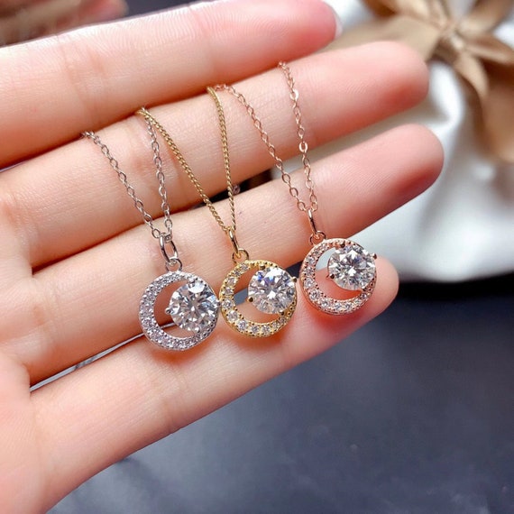 Dainty Moissanite Necklace 925 Sterling Silver Pendant Necklace Round Cut Moissanite Silver Pendant for Women Pendant Gift for Wife