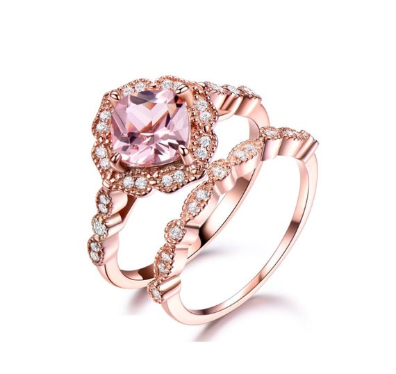 Morganite Engagement Ring Set Rose Gold Plated Wedding Band - Etsy