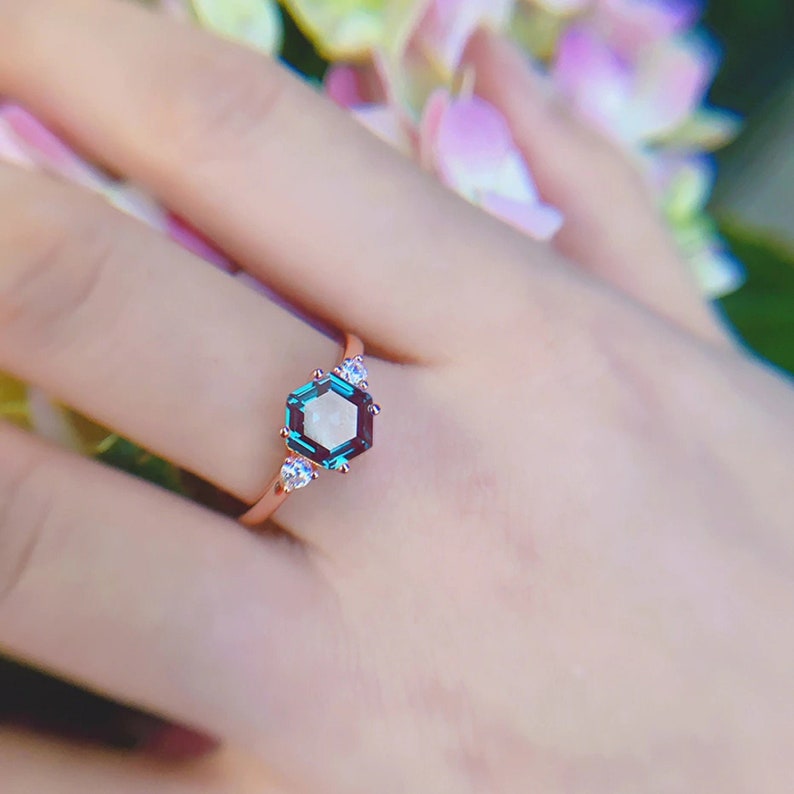 2Ct Alexandrite Engagement Ring Hexagon Cut 18K Rose Gold Plated 925 Sterling Silver Promise Ring for Women