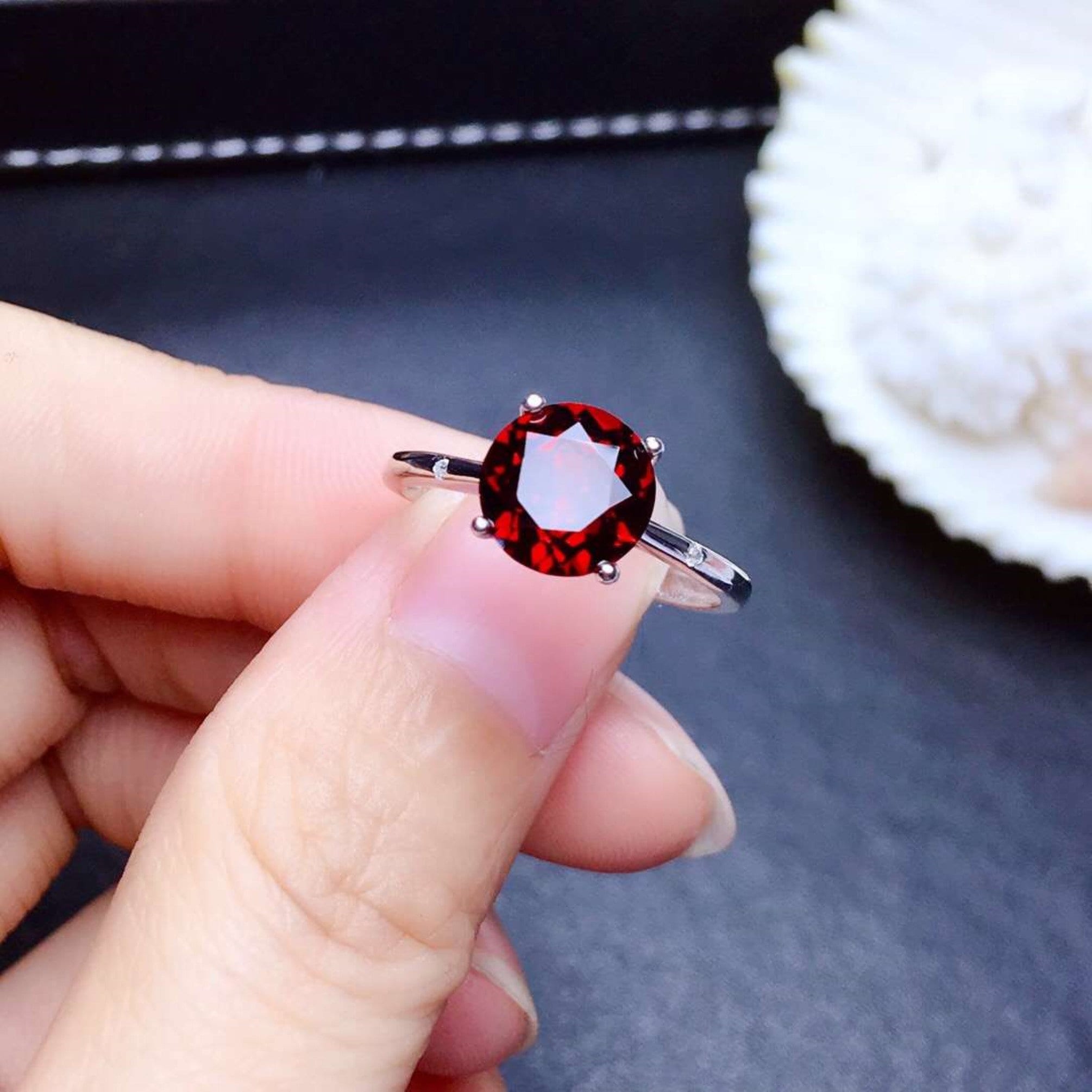 Natural 8mm Garnet Engagement Ring 18K White Gold Plated Rings