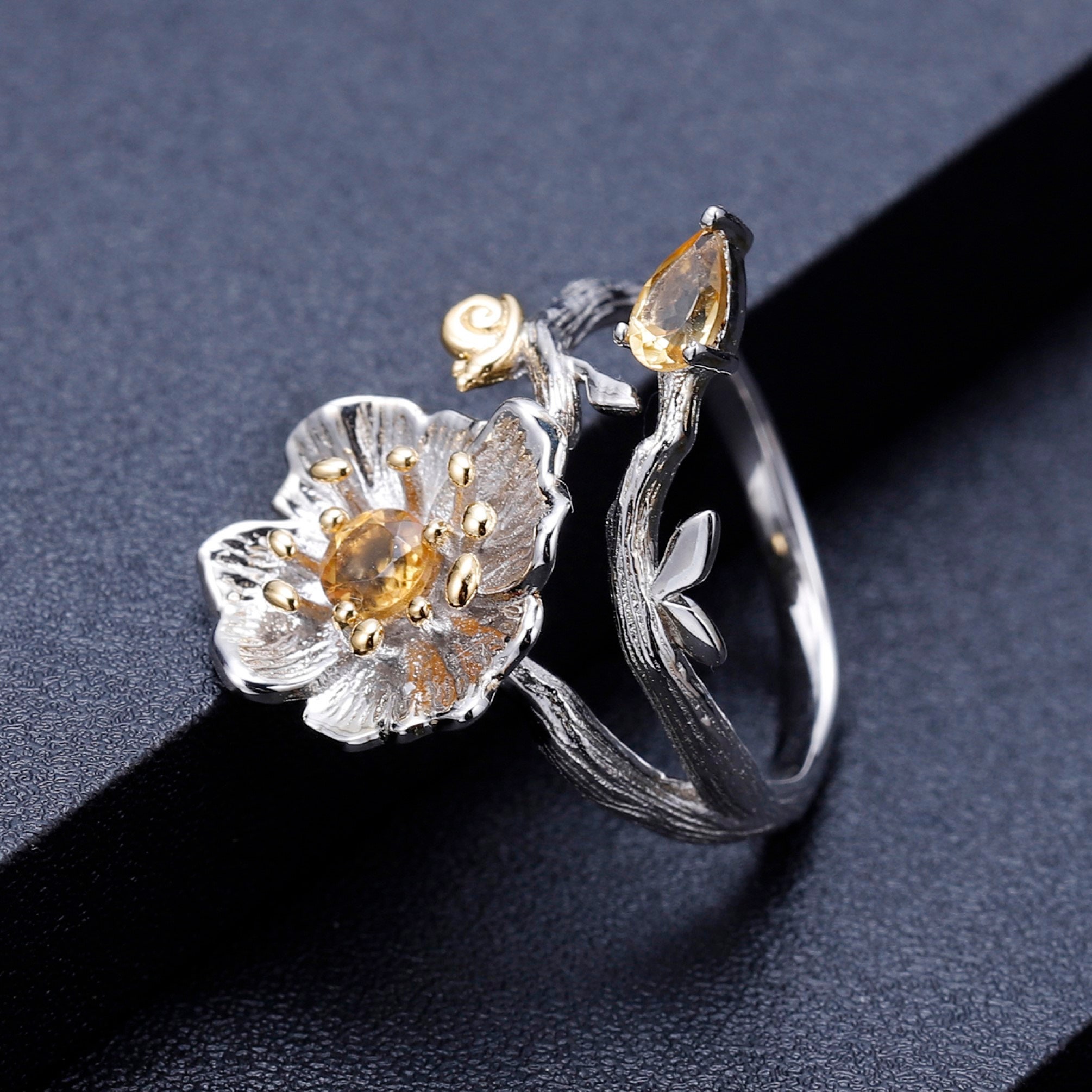 Sterling Silver Lab Citrine Rose Floral Wedding Ring 5A Zircon Paved  Blossom Flower Engagement Rings S2R1S2R220