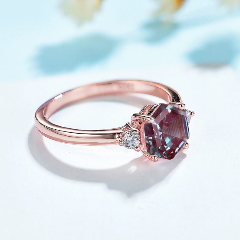 2Ct Alexandrite Engagement Ring Hexagon Cut 18K Rose Gold Plated 925 Sterling Silver Promise Ring for Women