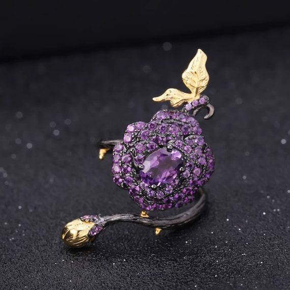 Details about / Authentic Natural Round Amethyst Flower Ring Women Jewelry Gift Rose Gold Plated