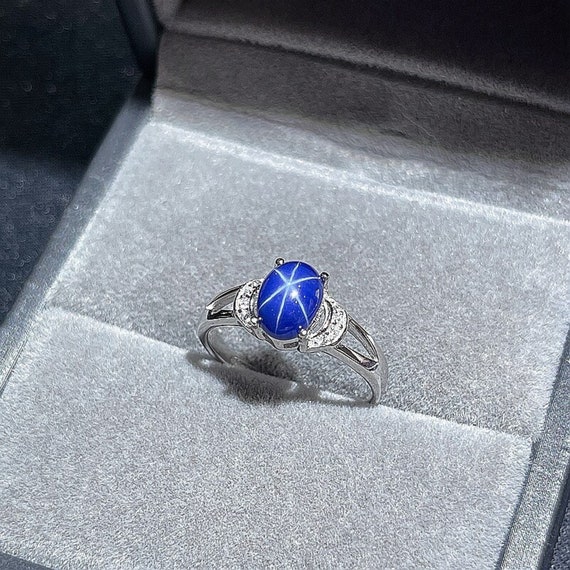 Elegant Blue Star Sapphire Engagement Ring 6x8mm Gemstone | Etsy