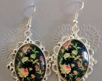 Black floral oval earrings