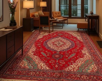 Vintage Kashan Wool Persian Rug – Handmade Floral Medallion Carpet
