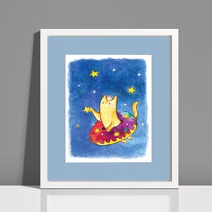 Decoración infantil con diseño de gatito espacial en forma de donut / Impresión infantil caprichosa en acuarela / Regalo para bebé niño / Arte para amantes de los gatos / Temática espacial