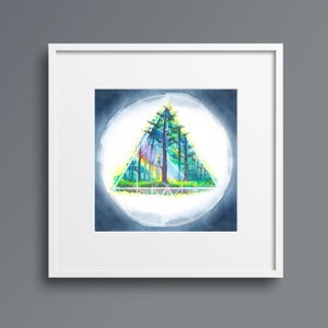 May include: A watercolor painting of a forest scene inside a triangle shape, surrounded by a white circle on a dark blue background.