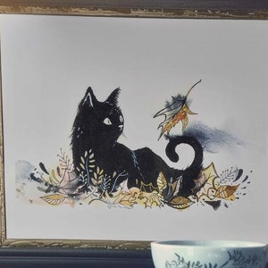 Black cat with gold accents wall decor | Gift for kitty lover | Halloween moody gothic illustration | Autumn Leaves with Kitty Cat