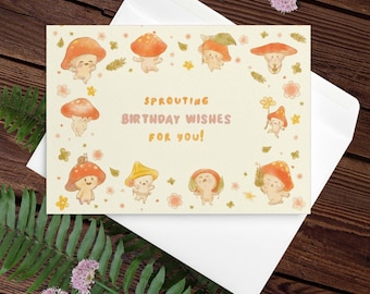 Tarjeta de cumpleaños con diseño de setas, felicitación caprichosa en acuarela con diseño kawaii.