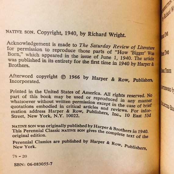 Native Son By Richard Wright 1966 Harper And Row Great Etsy
