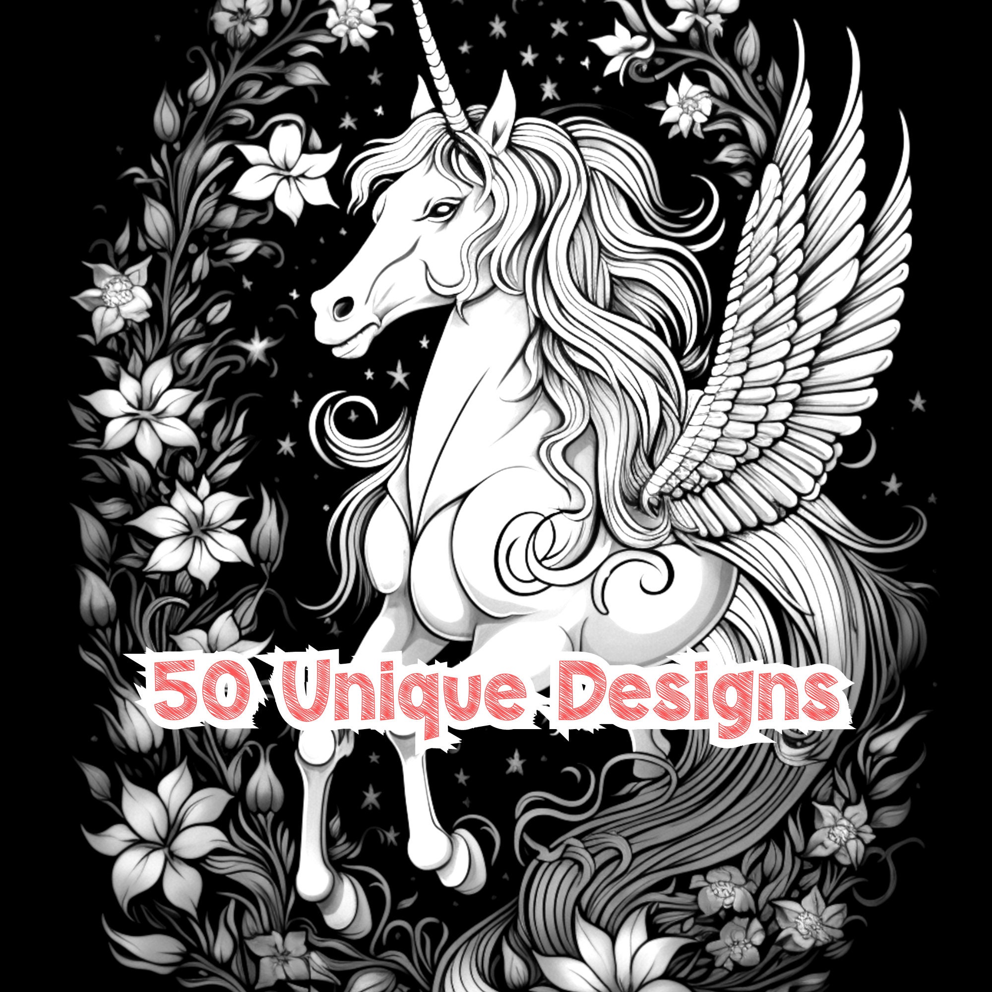 Mythical Unicorns Coloring Book for Adults Black Background Stress ...