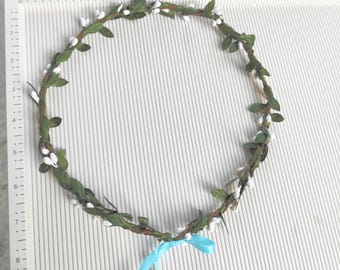 Dainty White Flower Crown, Wedding Floral Headpiece with Green Leaves