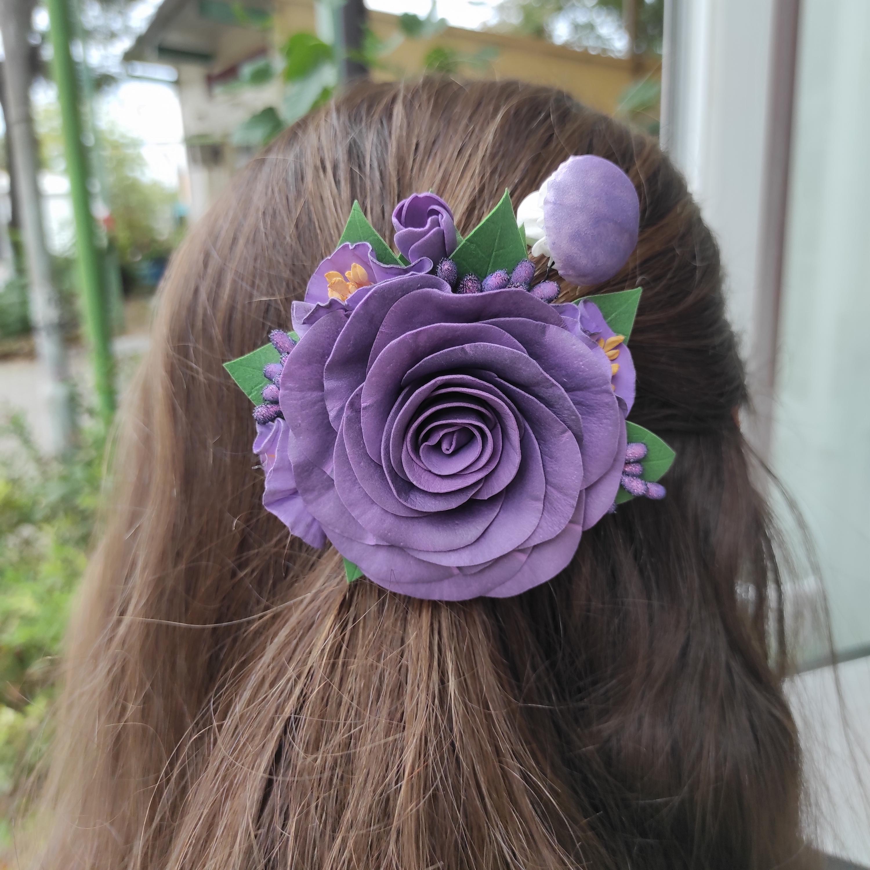 Dark Purple Rose Barrette, Handmade Flower Hair Piece, Mushroom
